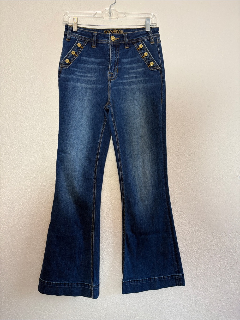 Rock & Roll Cowgirl Deep Blue Flare Jeans with Gold Button Accents